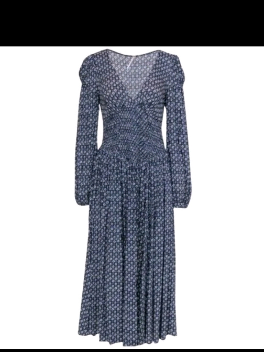 Free People Indigo Child Midi Dress XS Navy Blue Floral Boho Smocked Bell Sleeve